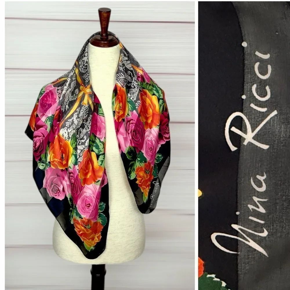 Vintage Nina Ricci Silk Scarf Black with Roses Floral and Lace Print 34x34"